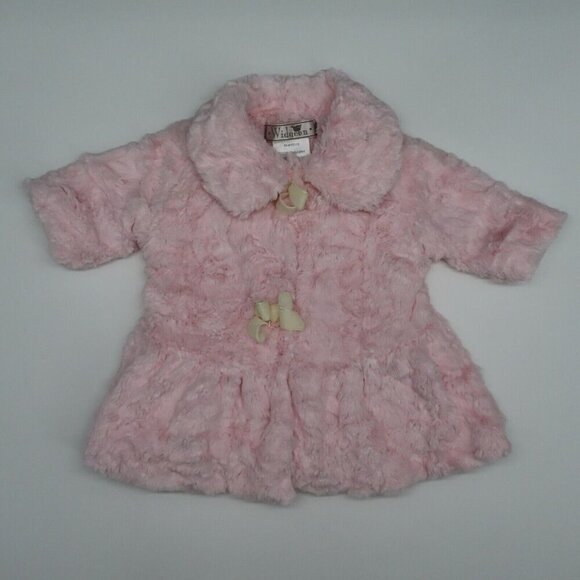 Widgeon Baby Girls 6M Pink Plush Fuzzy Collared Snap Front Bow Jacket Coat - Picture 7 of 8